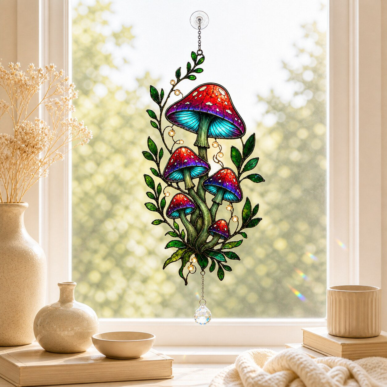 Red Mushroom Cluster with Vines holographic acrylic suncatcher in natural daylight