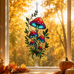 Red Mushroom Cluster with Vines window hanging suncatcher with rainbow light reflections