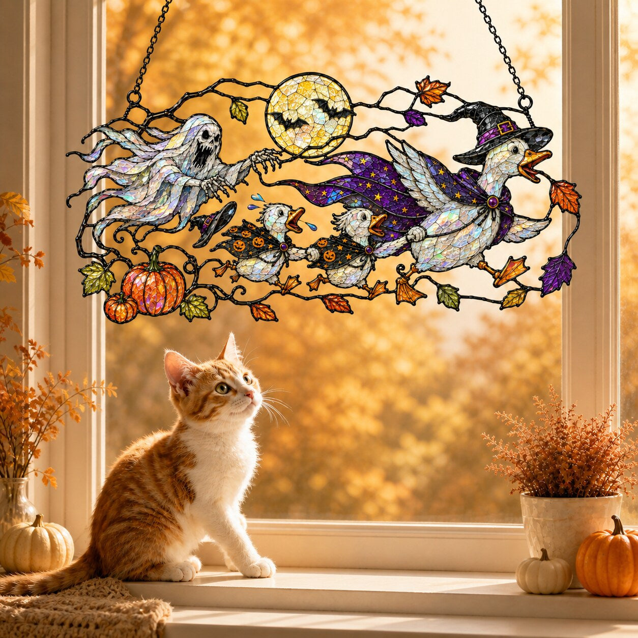 Ghosts and Ravens under the Harvest Moon suncatcher catching afternoon light in a home window