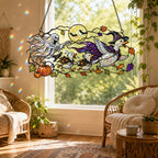 Close-up of the Ghosts and Ravens under the Harvest Moon holographic suncatcher showing its stained-glass style artwork