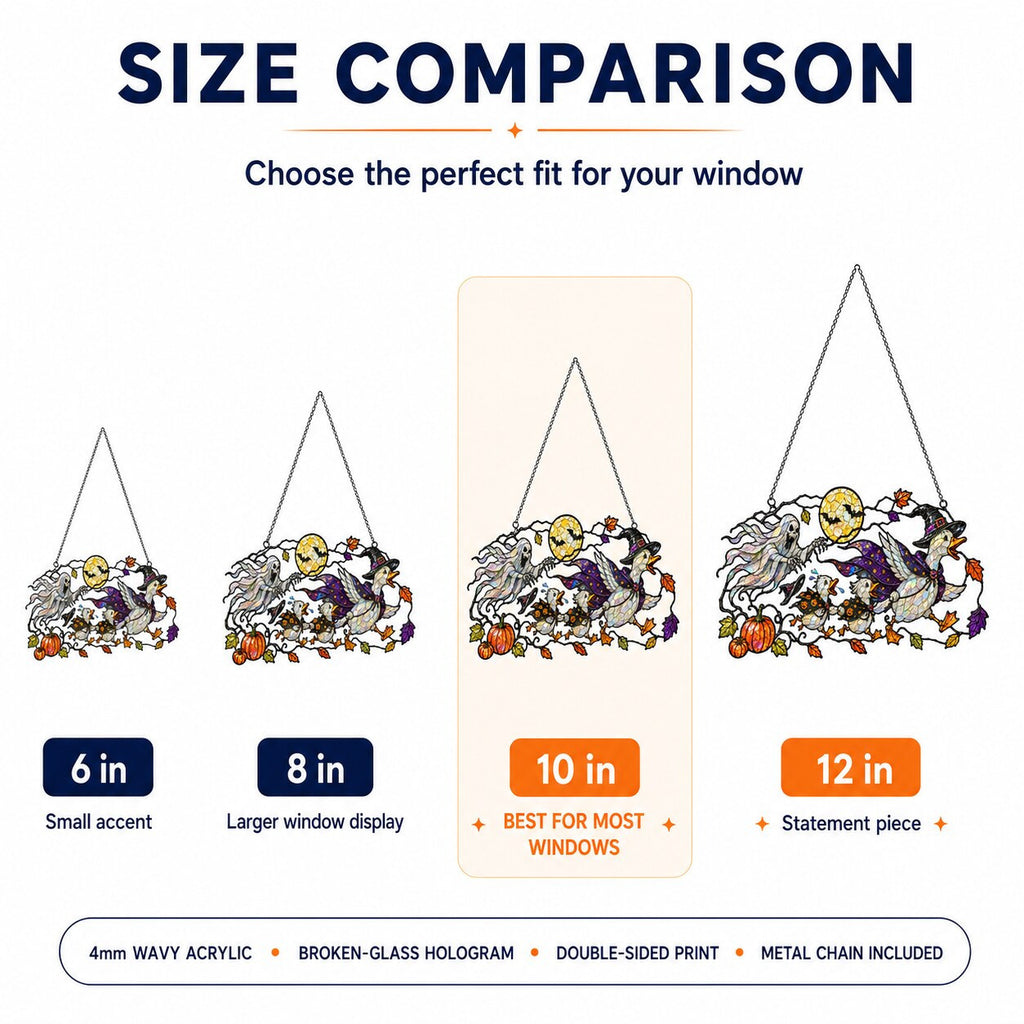 Size comparison chart for the Ghosts and Ravens under the Harvest Moon suncatcher: 6, 8, 10 and 12 inch options