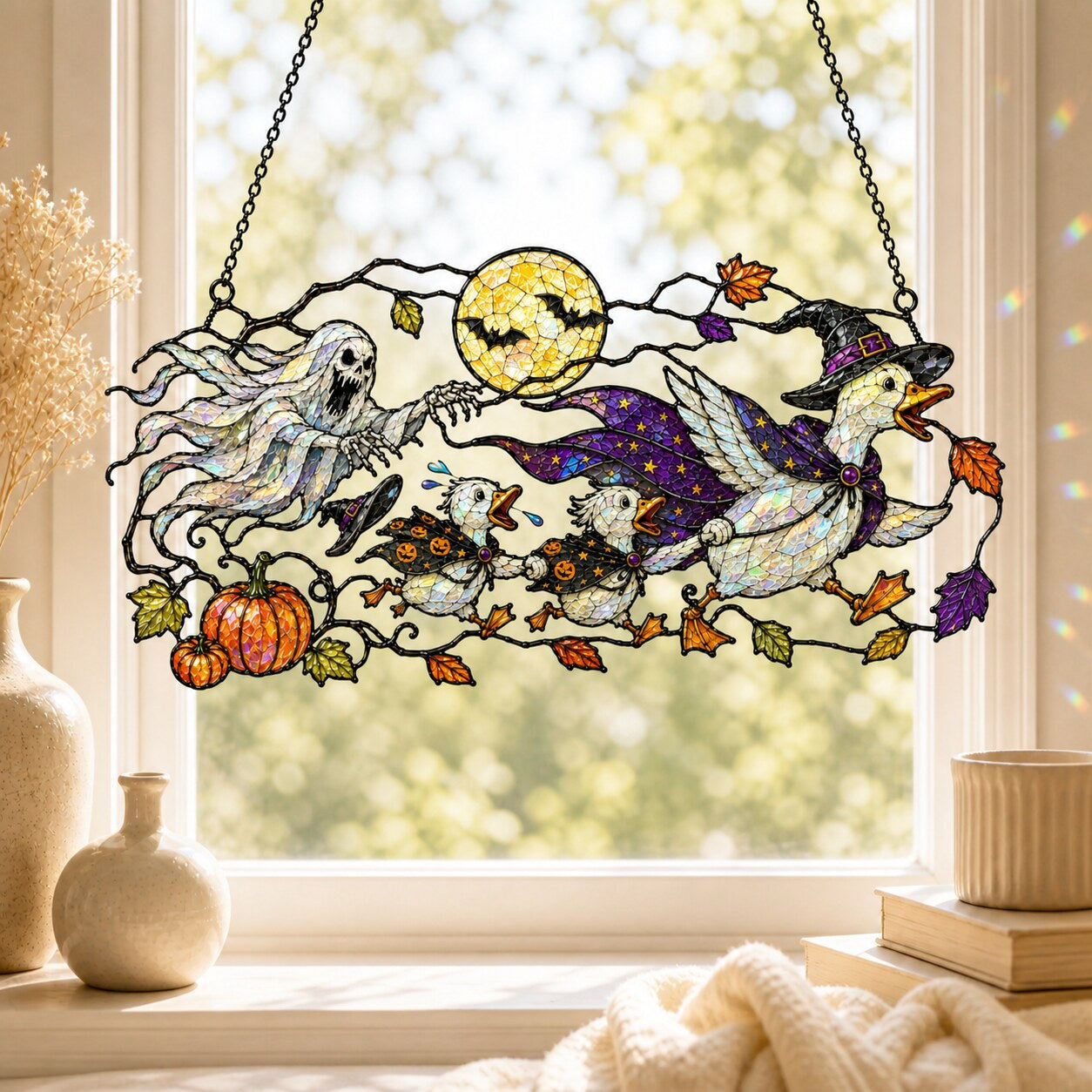 Ghosts and Ravens under the Harvest Moon holographic suncatcher with sunlight passing through the acrylic