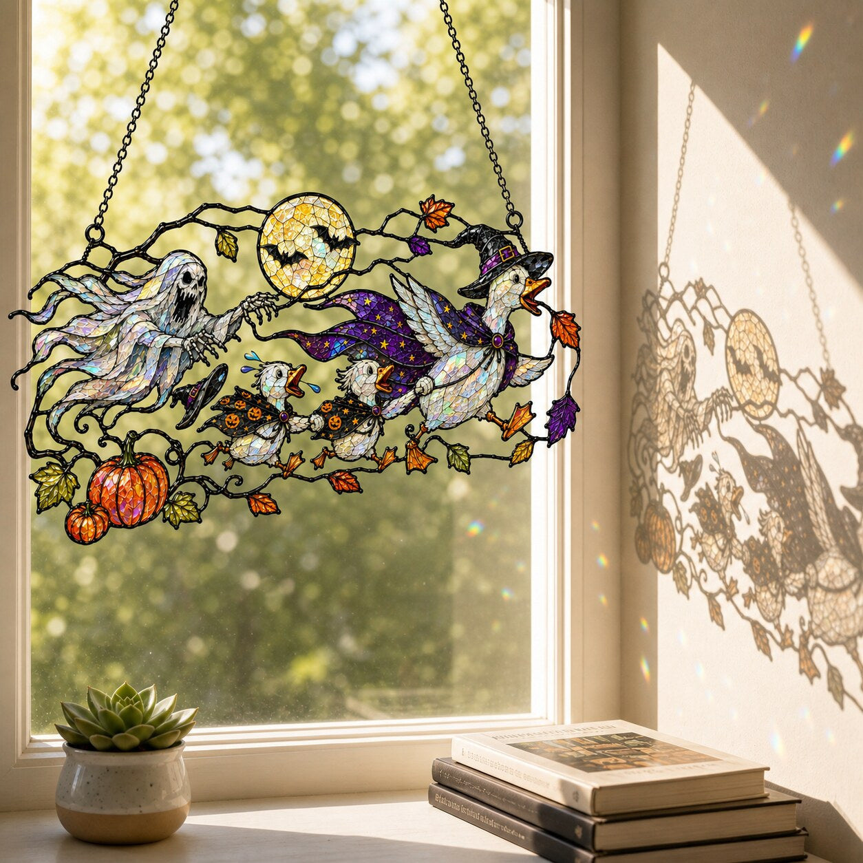 Ghosts and Ravens under the Harvest Moon suncatcher on its metal hanging chain in a bright window