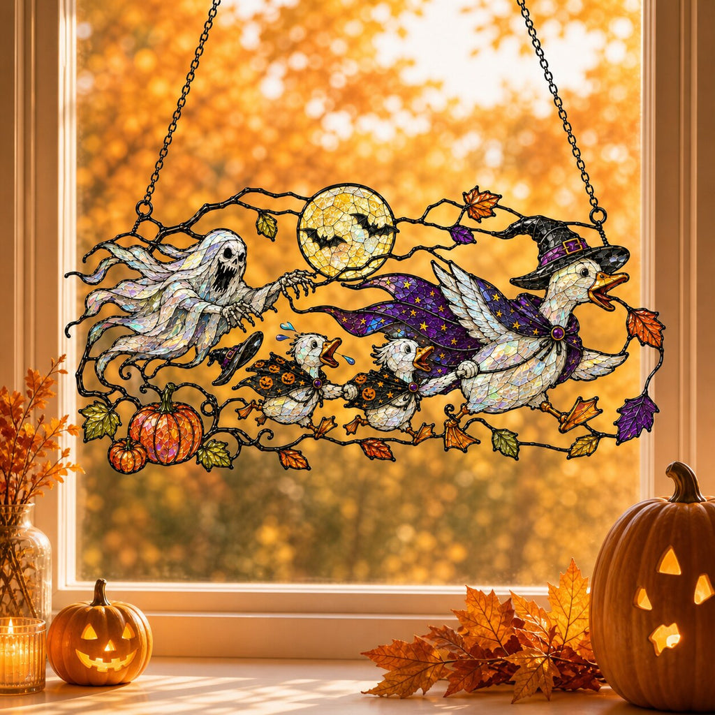 Ghosts and Ravens under the Harvest Moon holographic acrylic suncatcher styled in a cozy room