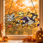 Ghosts and Ravens under the Harvest Moon holographic acrylic suncatcher styled in a cozy room