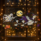 Ghosts and Ravens under the Harvest Moon holographic suncatcher hanging in a living room window