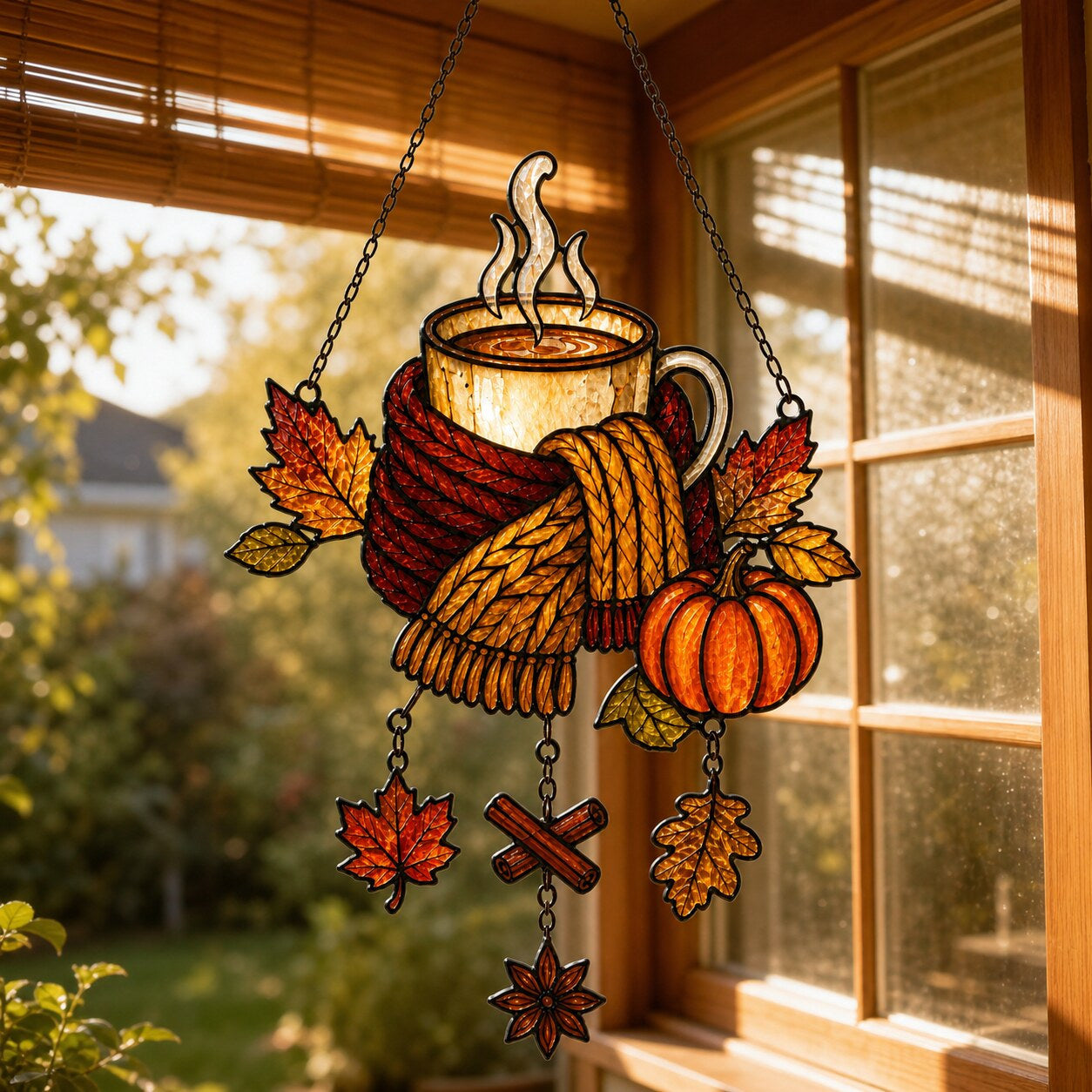 Cozy Autumn Coffee Mug with Pumpkins holographic acrylic suncatcher hanging in a sunlit window