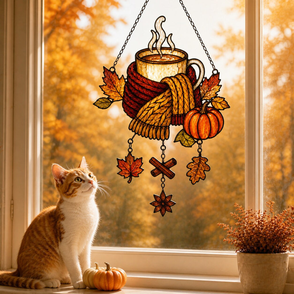 Cozy Autumn Coffee Mug with Pumpkins suncatcher catching afternoon light in a home window