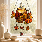 Close-up of the Cozy Autumn Coffee Mug with Pumpkins holographic suncatcher showing its stained-glass style artwork