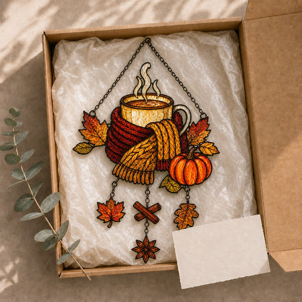 Cozy Autumn Coffee Mug with Pumpkins acrylic suncatcher hanging in a window with seasonal decor
