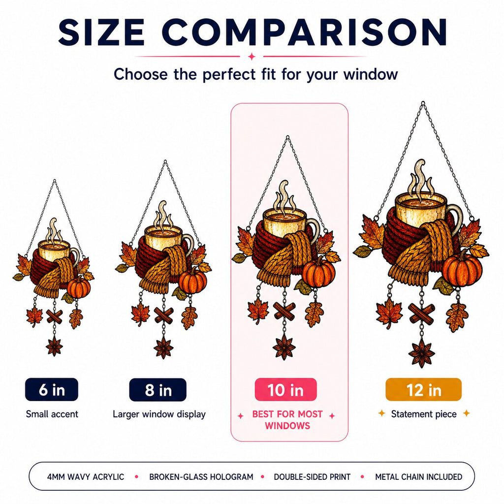Size comparison chart for the Cozy Autumn Coffee Mug with Pumpkins suncatcher: 6, 8, 10 and 12 inch options