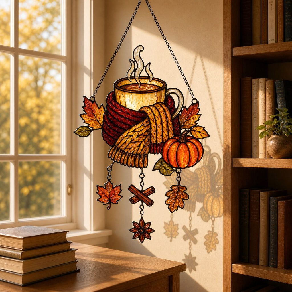 Cozy Autumn Coffee Mug with Pumpkins holographic suncatcher with sunlight passing through the acrylic