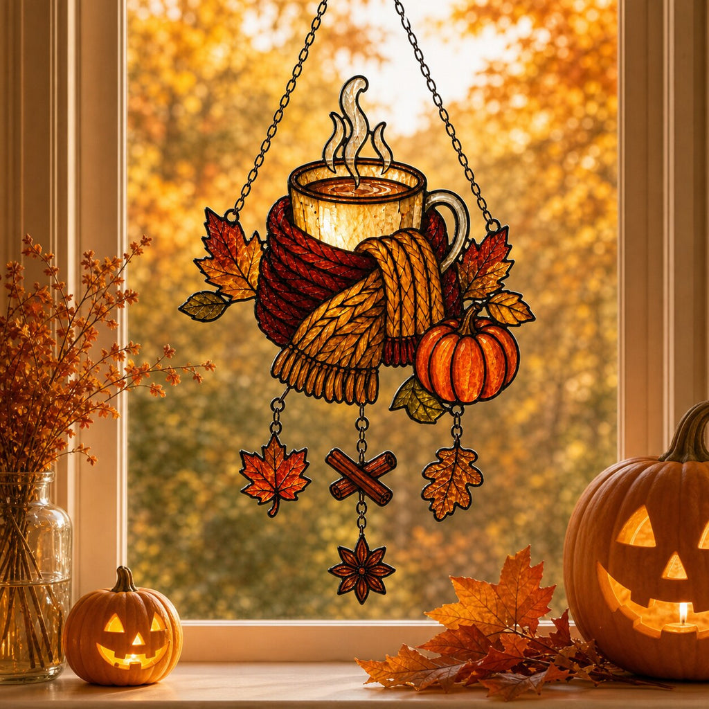 Cozy Autumn Coffee Mug with Pumpkins suncatcher on its metal hanging chain in a bright window