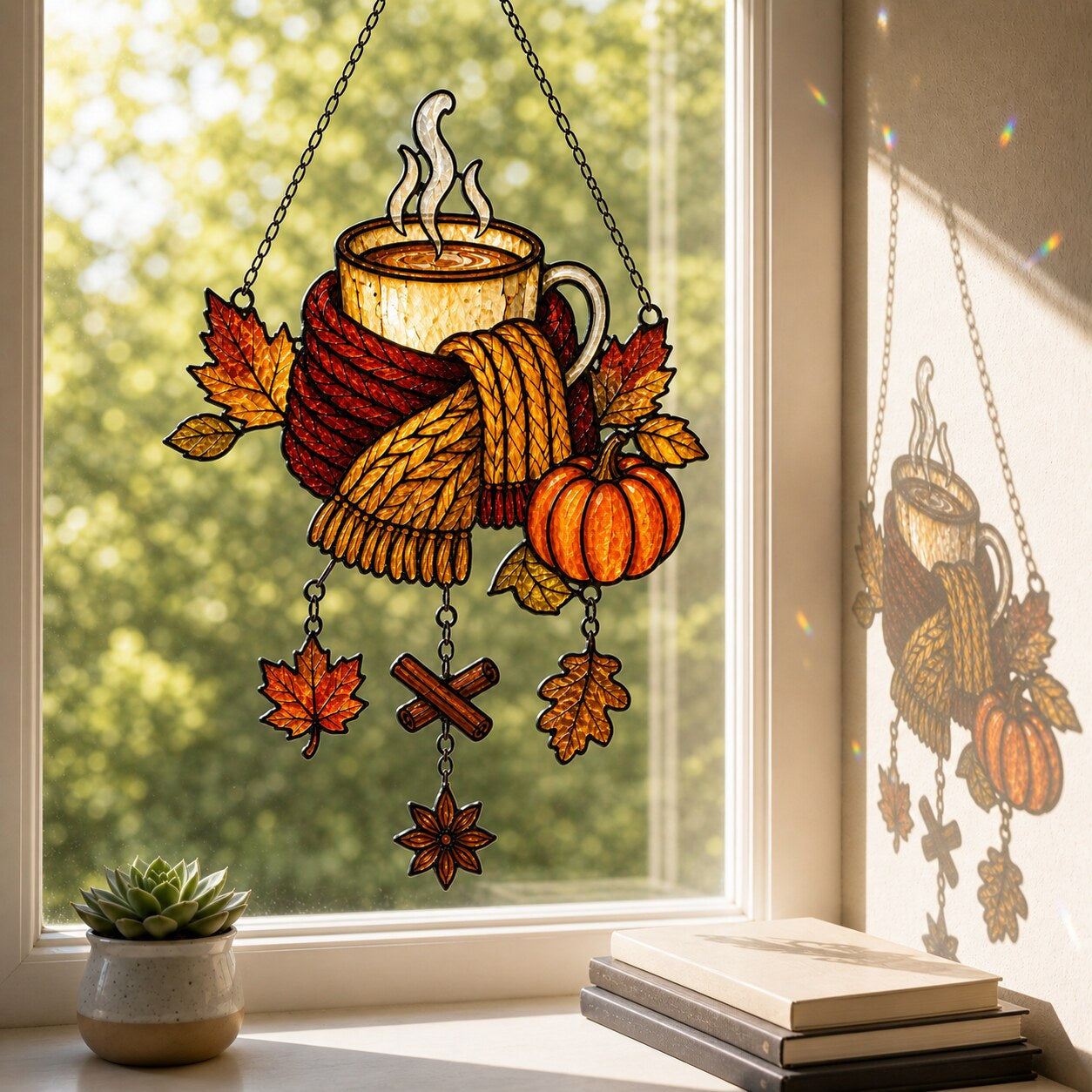 Cozy Autumn Coffee Mug with Pumpkins holographic acrylic suncatcher styled in a cozy room