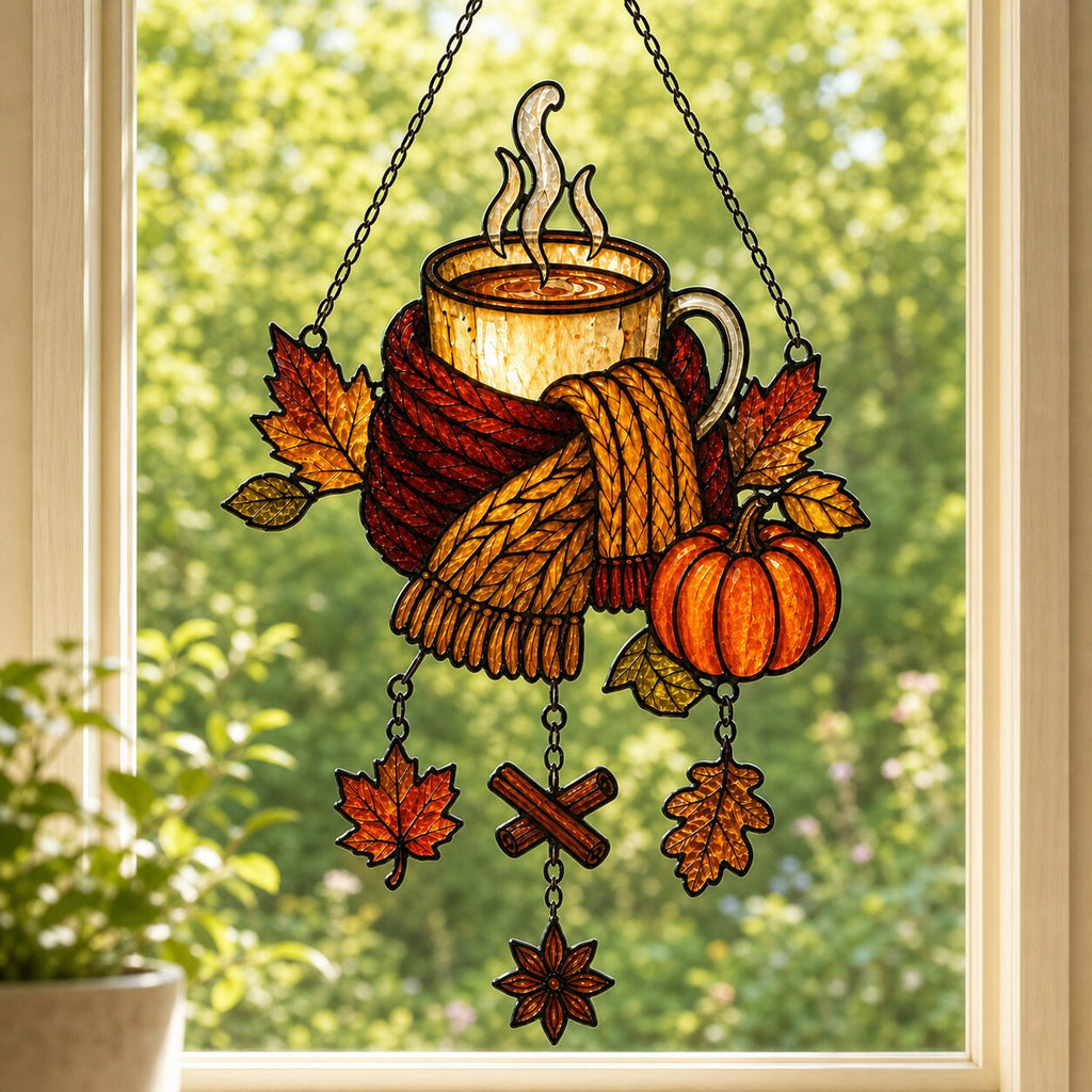Cozy Autumn Coffee Mug with Pumpkins window suncatcher seen against a sunlit garden