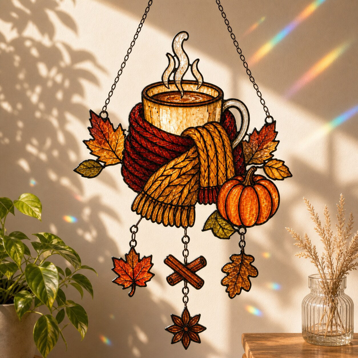 Cozy Autumn Coffee Mug with Pumpkins holographic suncatcher hanging in a living room window