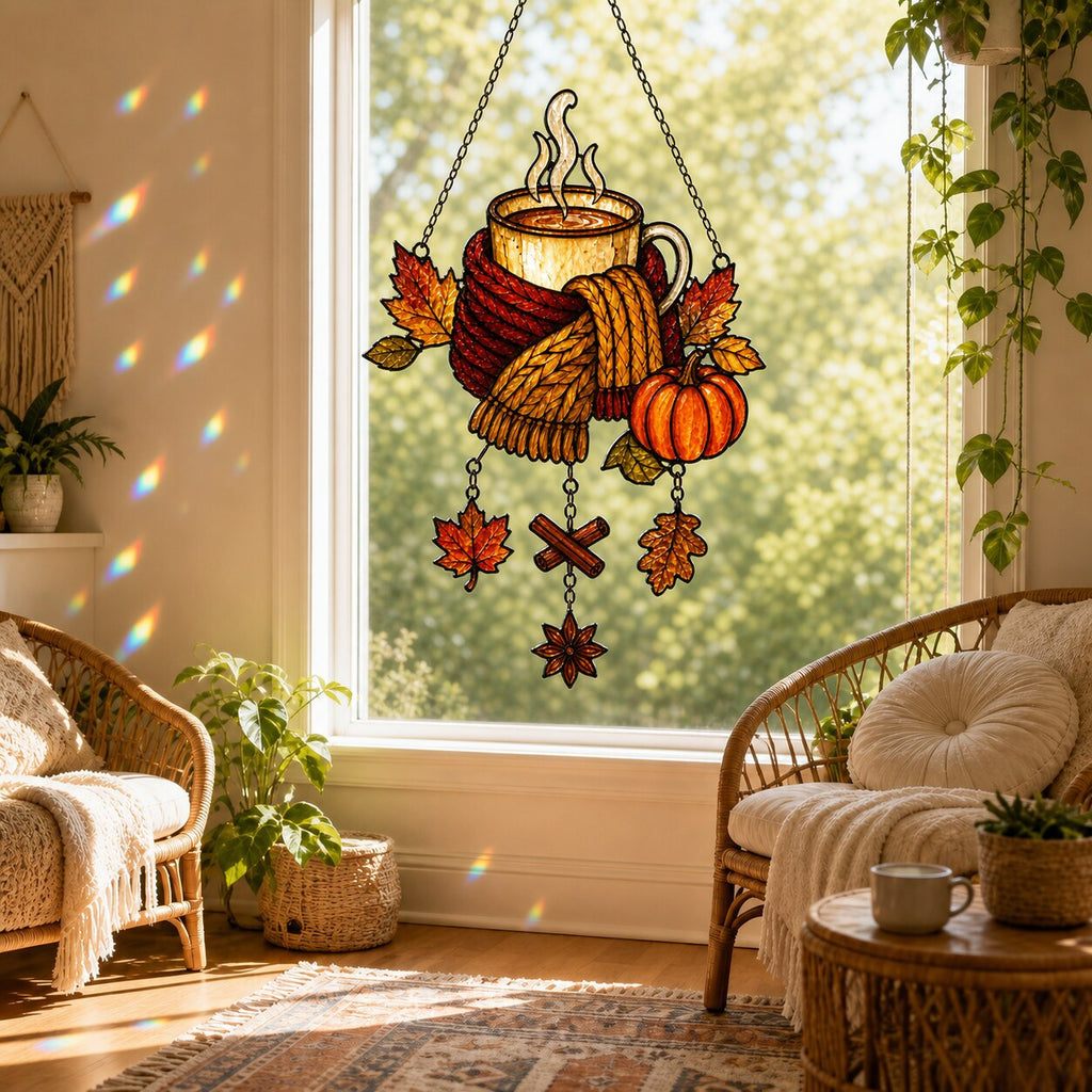 Cozy Autumn Coffee Mug with Pumpkins suncatcher displayed in a home window