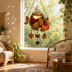 Cozy Autumn Coffee Mug with Pumpkins suncatcher displayed in a home window