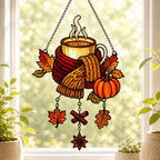 Cozy Autumn Coffee Mug with Pumpkins holographic acrylic suncatcher in natural daylight