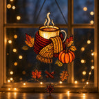 Cozy Autumn Coffee Mug with Pumpkins window hanging suncatcher with rainbow light reflections