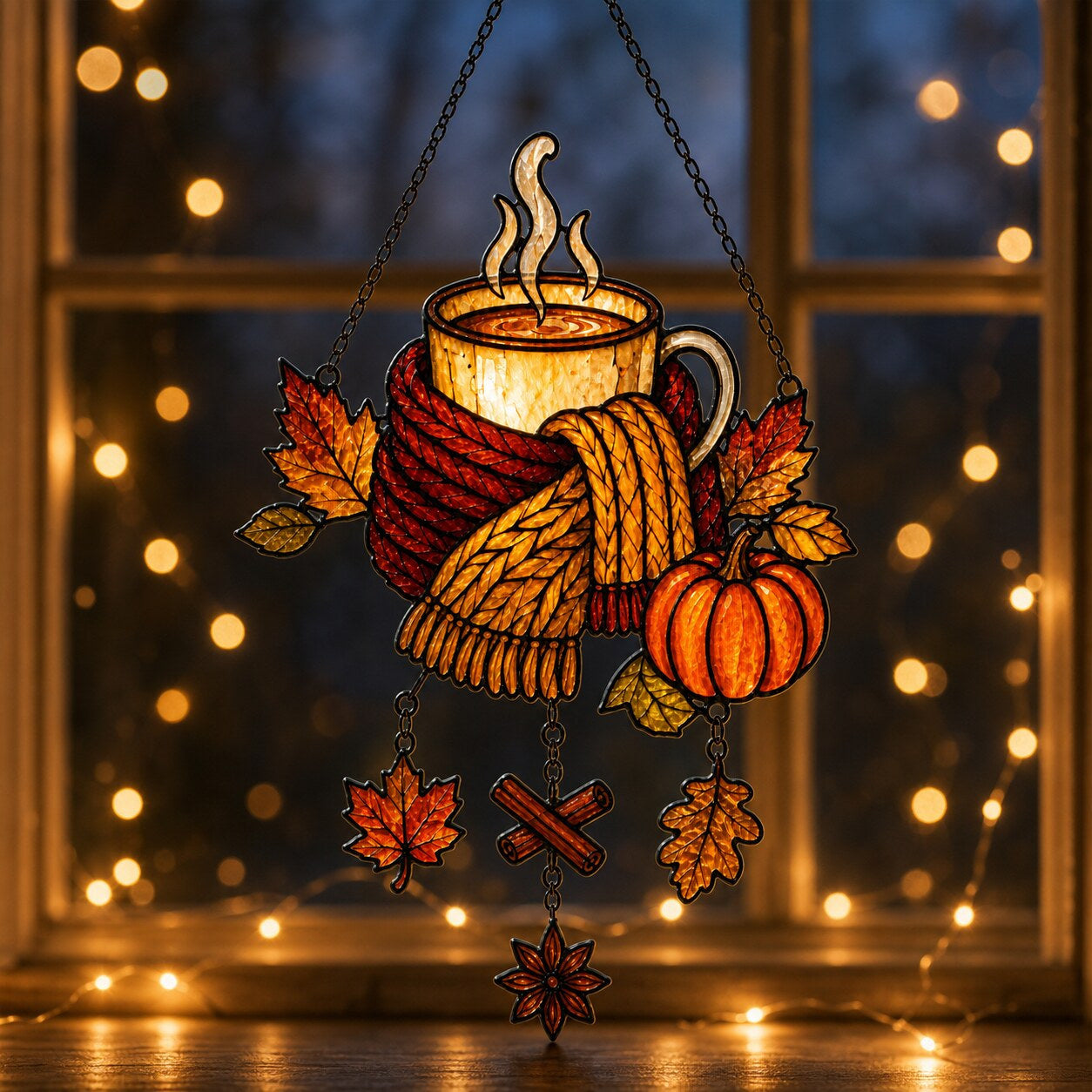 Cozy Autumn Coffee Mug with Pumpkins window hanging suncatcher with rainbow light reflections