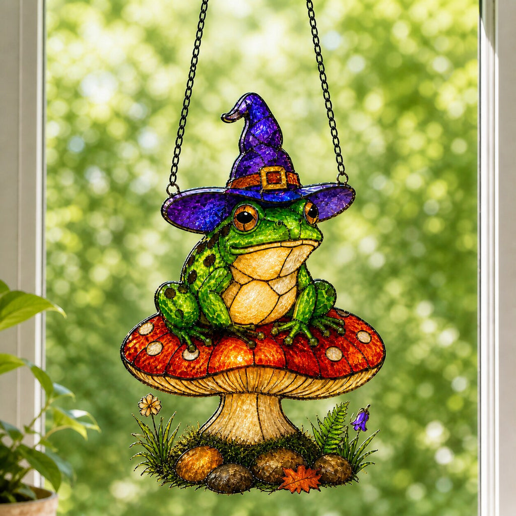 Witch Hat Frog on Red Mushroom suncatcher catching afternoon light in a home window