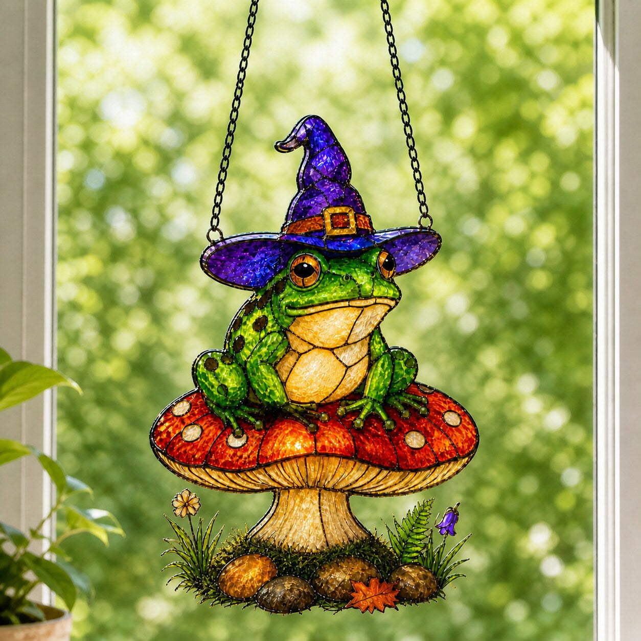 Witch Hat Frog on Red Mushroom suncatcher catching afternoon light in a home window