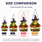 Size comparison chart for the Witch Hat Frog on Red Mushroom suncatcher: 6, 8, 10 and 12 inch options