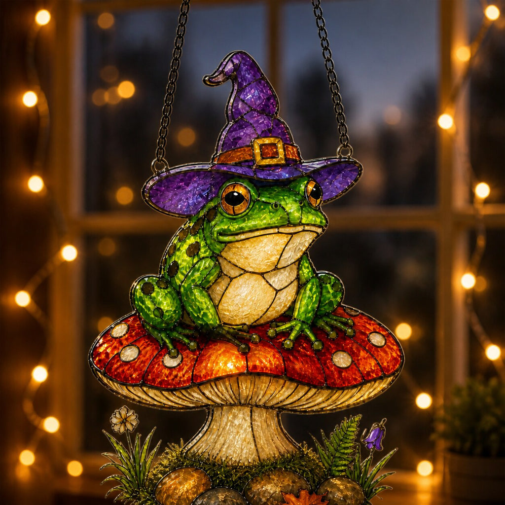 Witch Hat Frog on Red Mushroom holographic suncatcher with sunlight passing through the acrylic