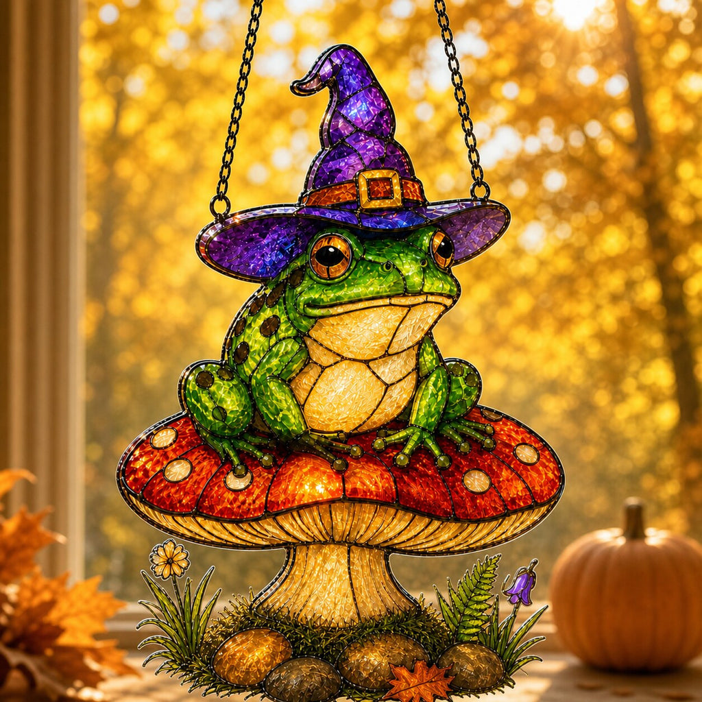 Witch Hat Frog on Red Mushroom holographic acrylic suncatcher styled in a cozy room