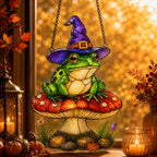 Witch Hat Frog on Red Mushroom window suncatcher seen against a sunlit garden