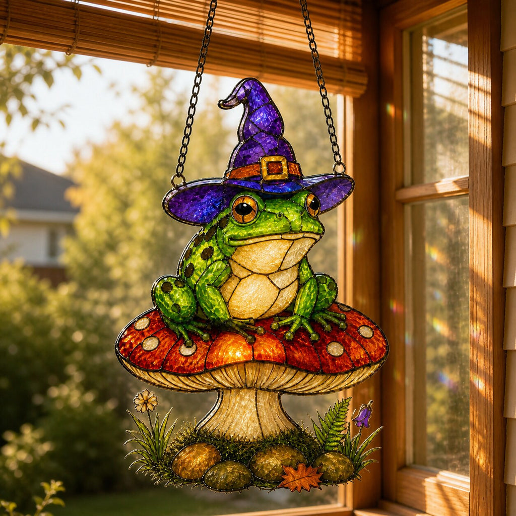 Witch Hat Frog on Red Mushroom suncatcher displayed in a home window