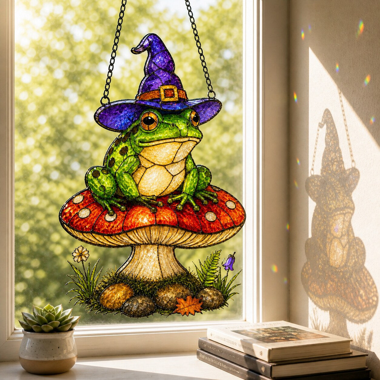 Witch Hat Frog on Red Mushroom holographic acrylic suncatcher in natural daylight