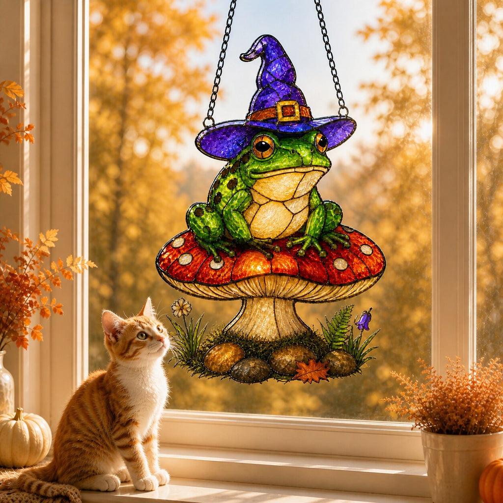Witch Hat Frog on Red Mushroom window hanging suncatcher with rainbow light reflections