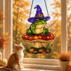 Witch Hat Frog on Red Mushroom window hanging suncatcher with rainbow light reflections