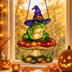 Witch Hat Frog on Red Mushroom holographic suncatcher photographed in a home setting