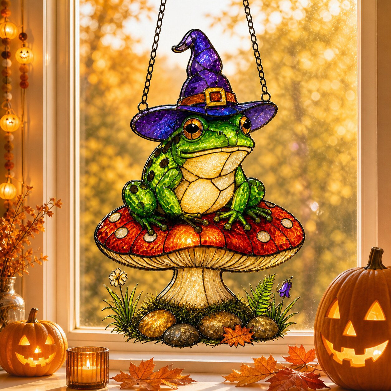 Witch Hat Frog on Red Mushroom holographic suncatcher photographed in a home setting
