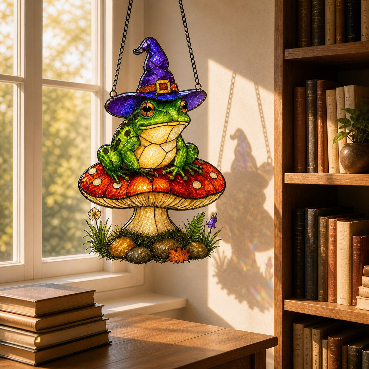 Witch Hat Frog on Red Mushroom suncatcher in a bright window at home