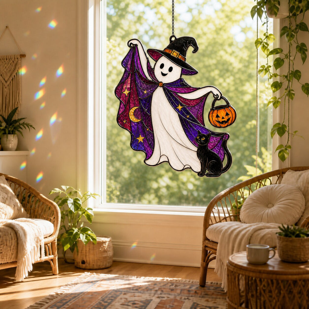 Trick-or-Treat Ghost with Pumpkin Bucket holographic acrylic suncatcher hanging in a sunlit window