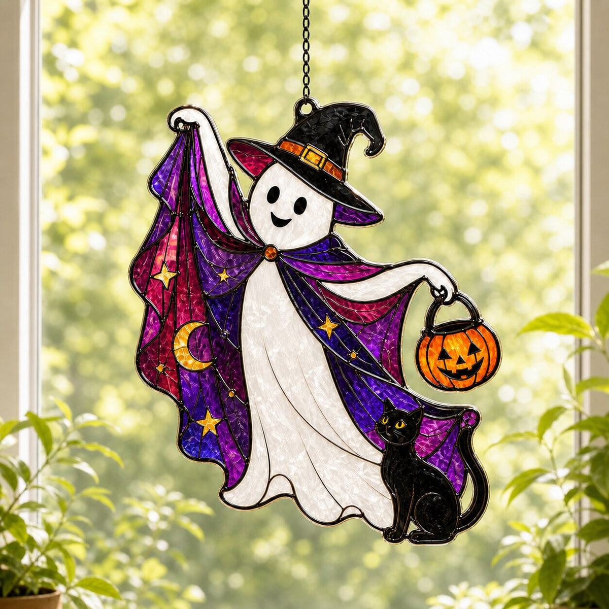 Trick-or-Treat Ghost with Pumpkin Bucket suncatcher catching afternoon light in a home window