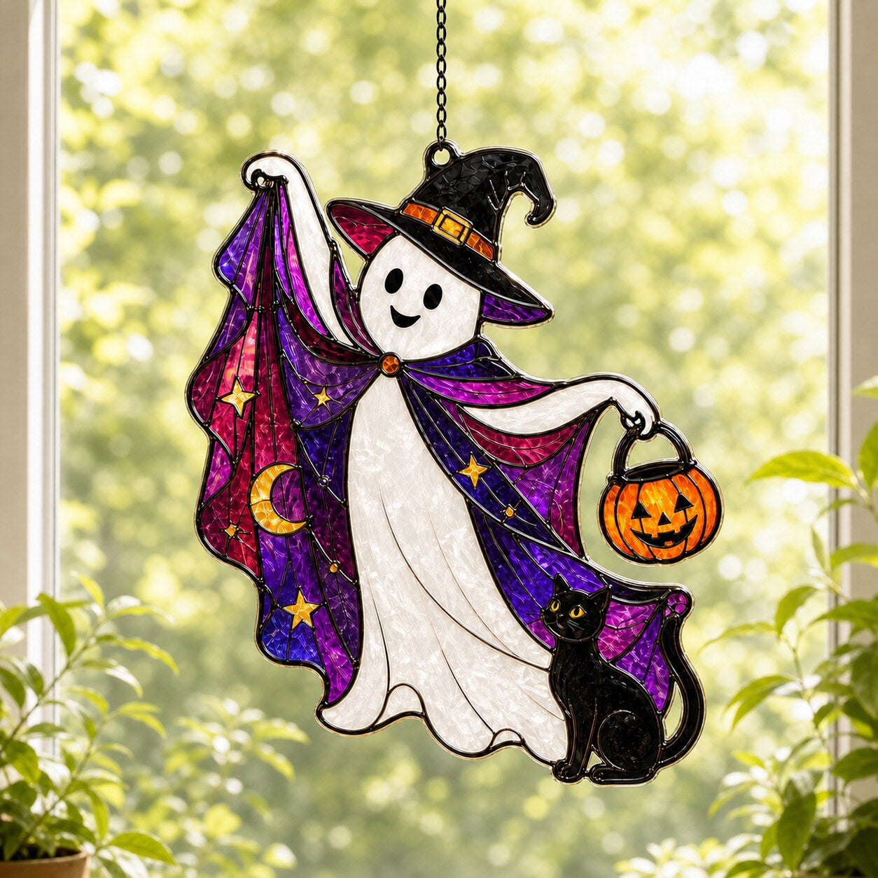Trick-or-Treat Ghost with Pumpkin Bucket suncatcher catching afternoon light in a home window