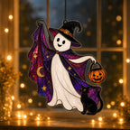 Close-up of the Trick-or-Treat Ghost with Pumpkin Bucket holographic suncatcher showing its stained-glass style artwork
