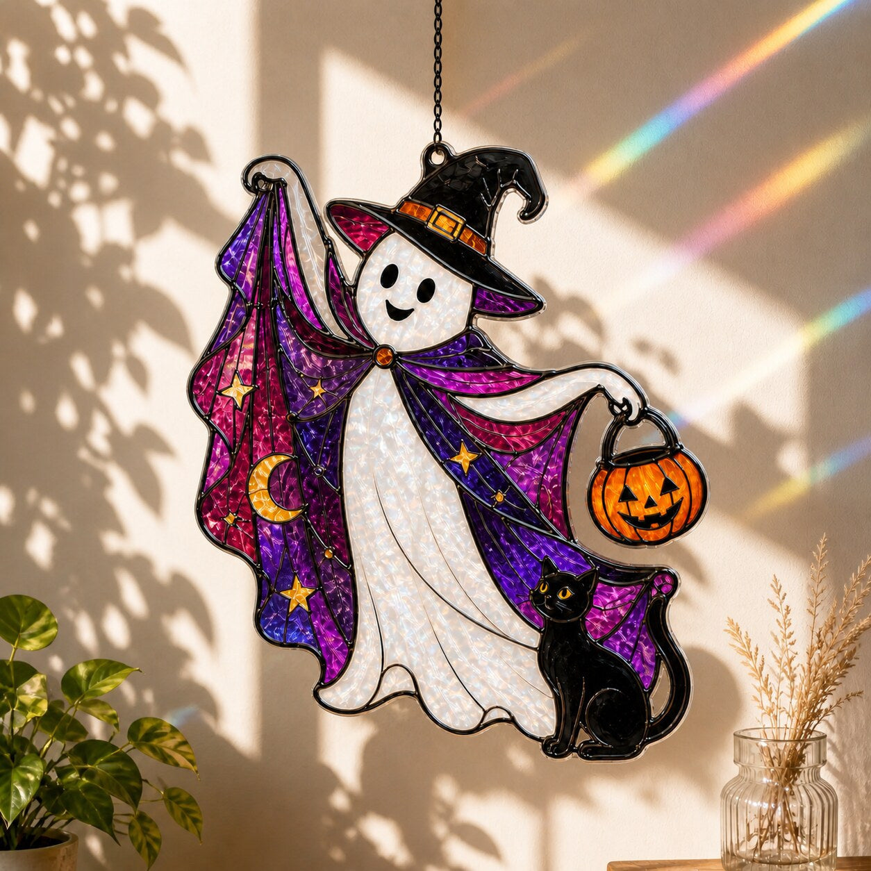 Trick-or-Treat Ghost with Pumpkin Bucket acrylic suncatcher hanging in a window with seasonal decor
