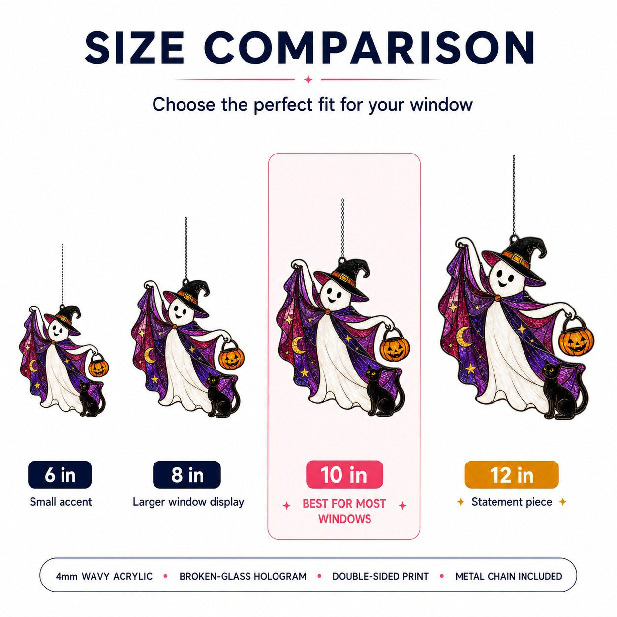 Size comparison chart for the Trick-or-Treat Ghost with Pumpkin Bucket suncatcher: 6, 8, 10 and 12 inch options