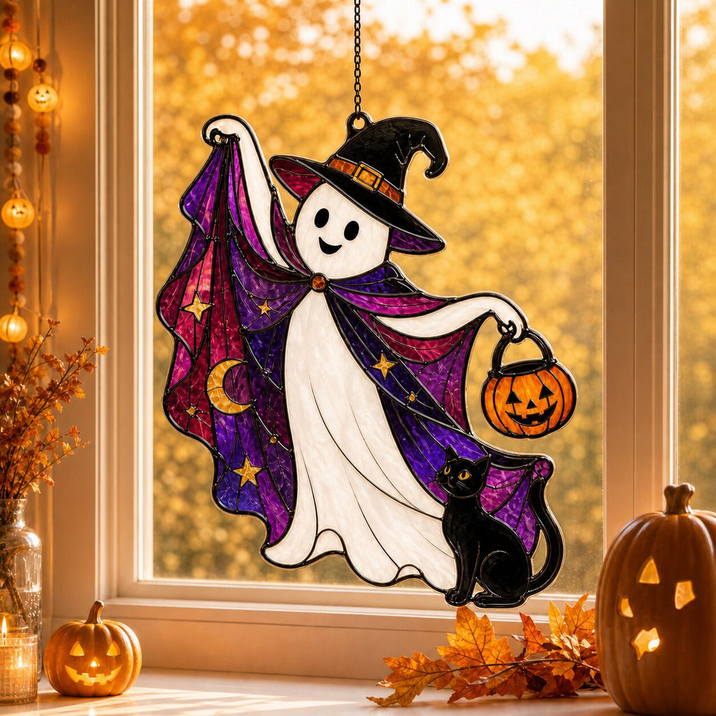 Trick-or-Treat Ghost with Pumpkin Bucket holographic suncatcher with sunlight passing through the acrylic
