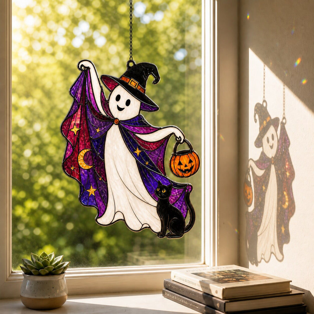 Trick-or-Treat Ghost with Pumpkin Bucket holographic acrylic suncatcher styled in a cozy room