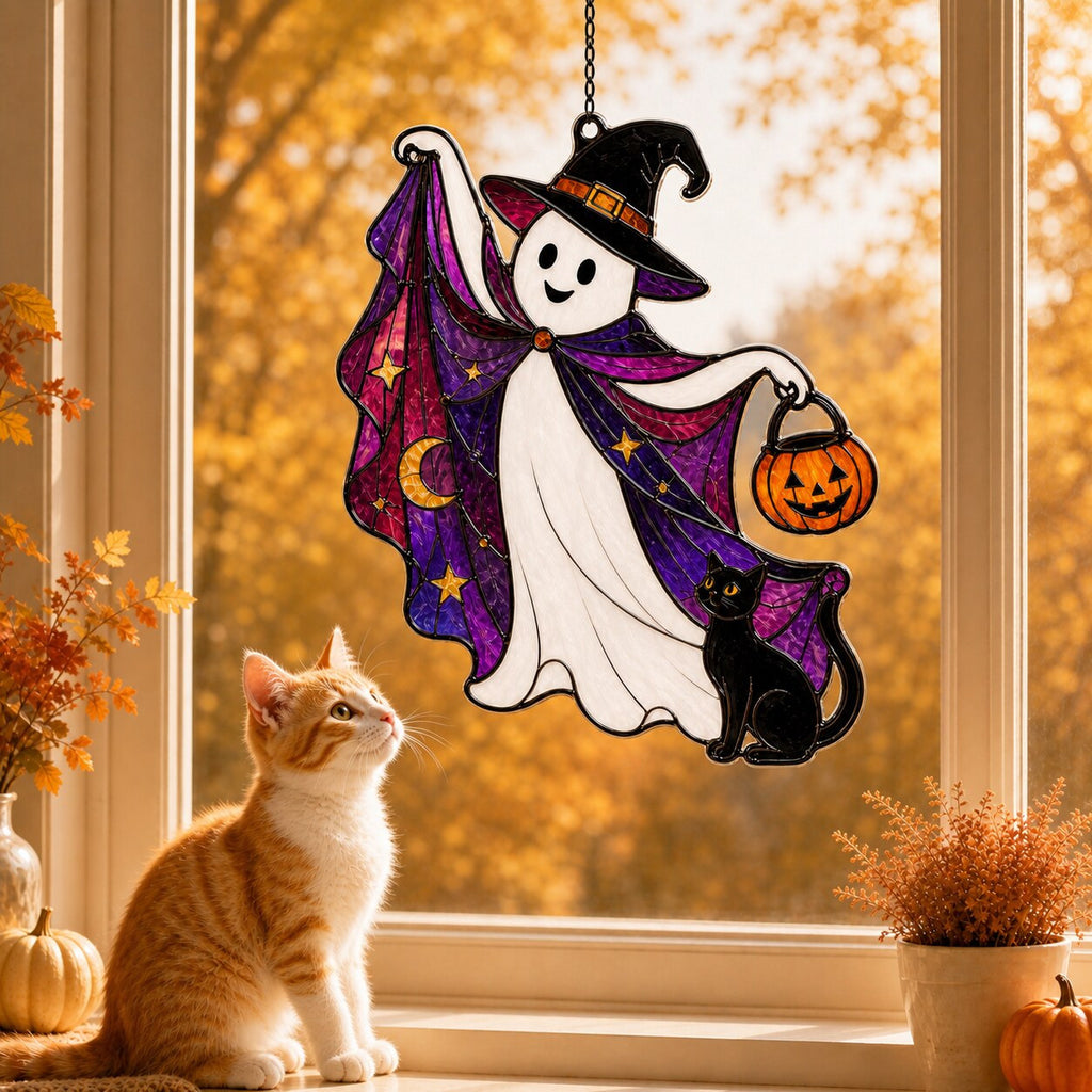 Trick-or-Treat Ghost with Pumpkin Bucket holographic suncatcher hanging in a living room window