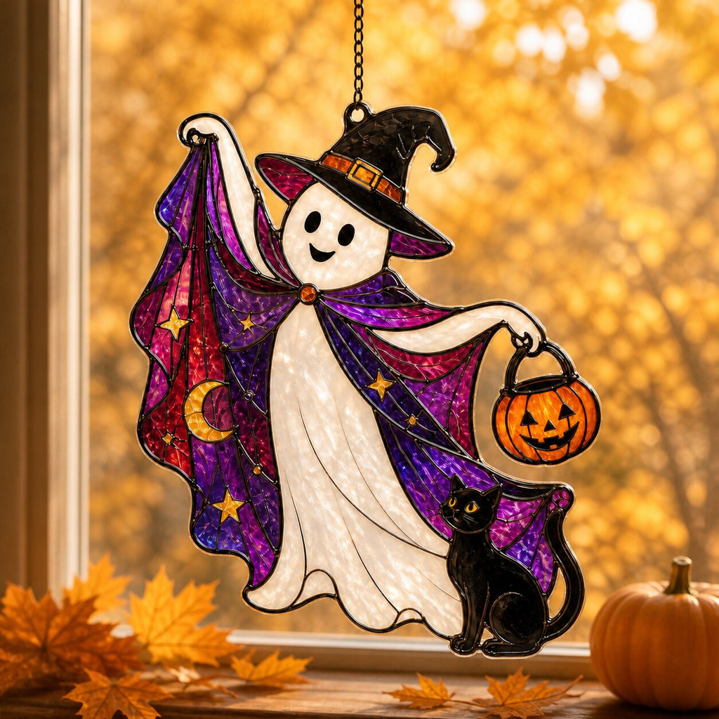 Trick-or-Treat Ghost with Pumpkin Bucket acrylic suncatcher in a warm, softly lit interior
