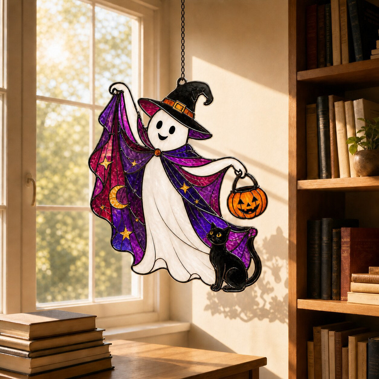 Trick-or-Treat Ghost with Pumpkin Bucket holographic acrylic suncatcher in natural daylight