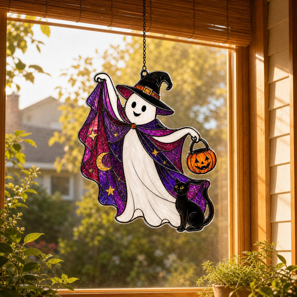 Trick-or-Treat Ghost with Pumpkin Bucket window hanging suncatcher with rainbow light reflections